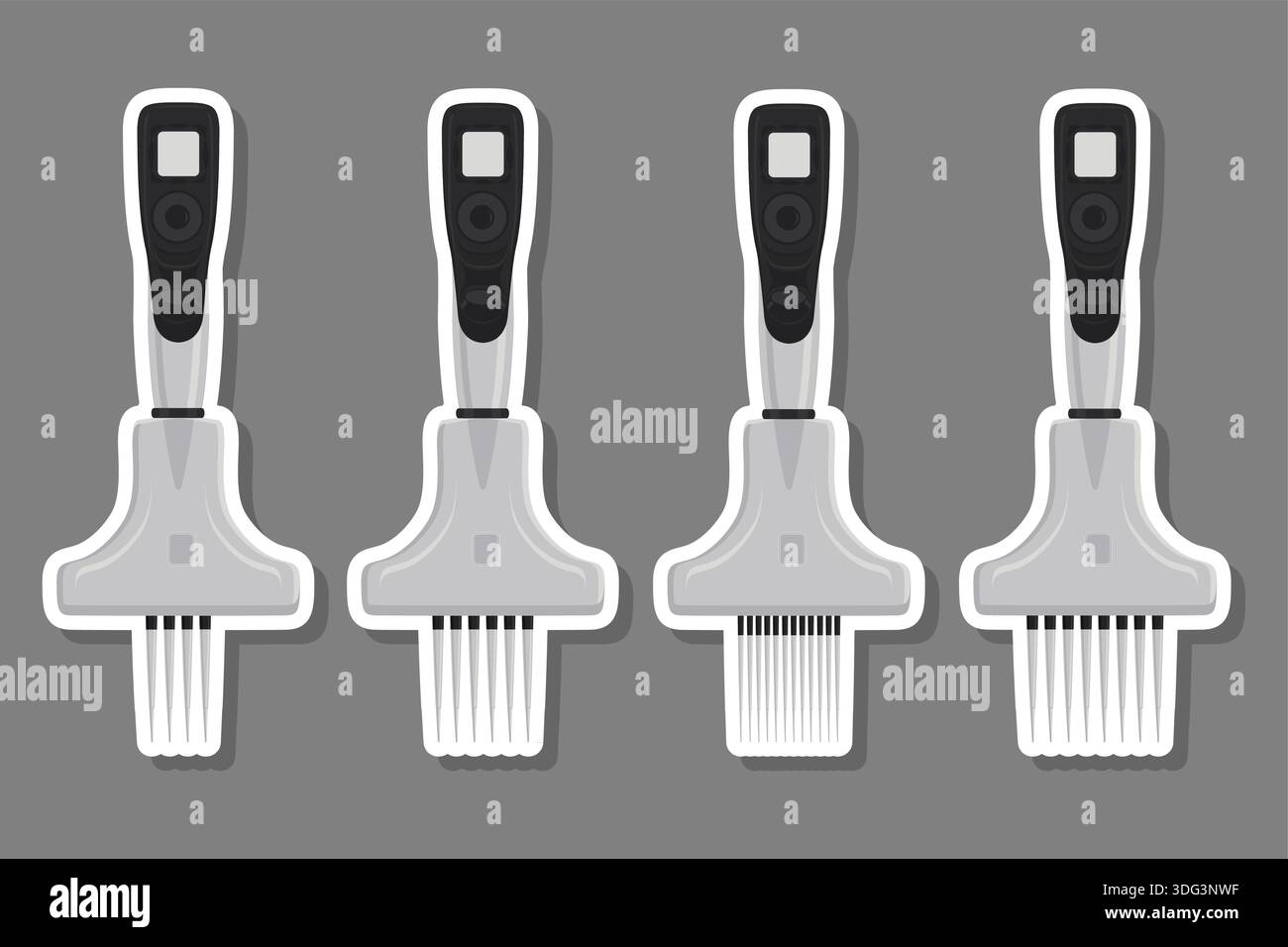 Illustrazione sul tema grande kit pipetta medica diversa, contagocce per laboratorio. Contagocce modello costituito da molte pipette mediche da laboratorio sul retro Illustrazione Vettoriale