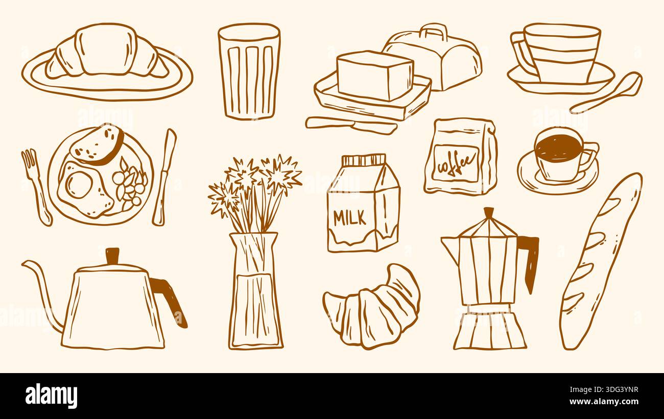 Set di spaghetti per la colazione al caffè con pastello in stile schizzo - tazza su piattino, croissant e blocco di burro, pacchetto latte, teiera e pane baguette. Icone del caffè nella figura in linea per il menu o la cucina. Illustrazione Vettoriale