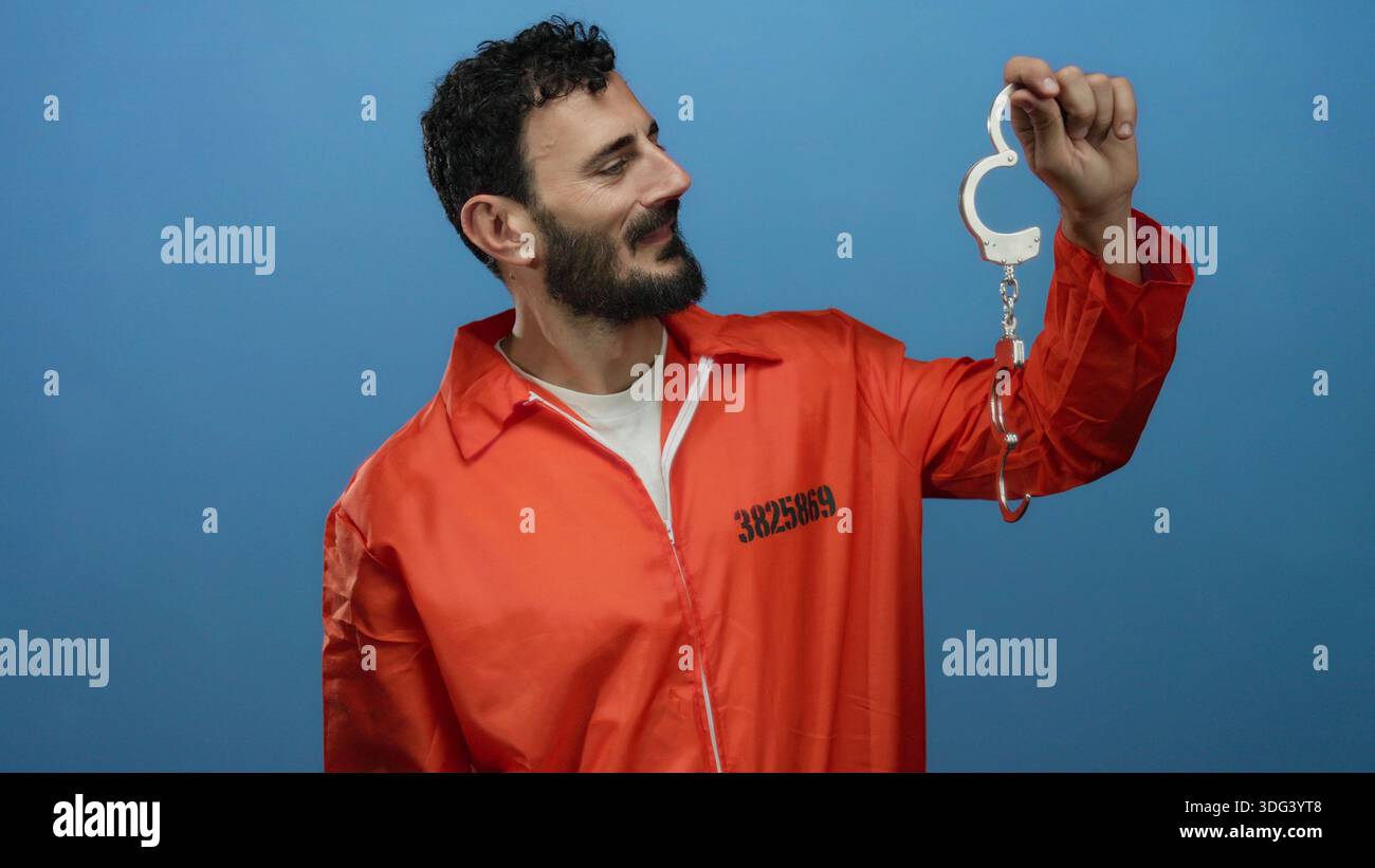 Uomo ispanico con barba in tuta da prigione arancione che tiene le manette su sfondo blu, raffigurante il tema dell'incarcerazione. Foto Stock
