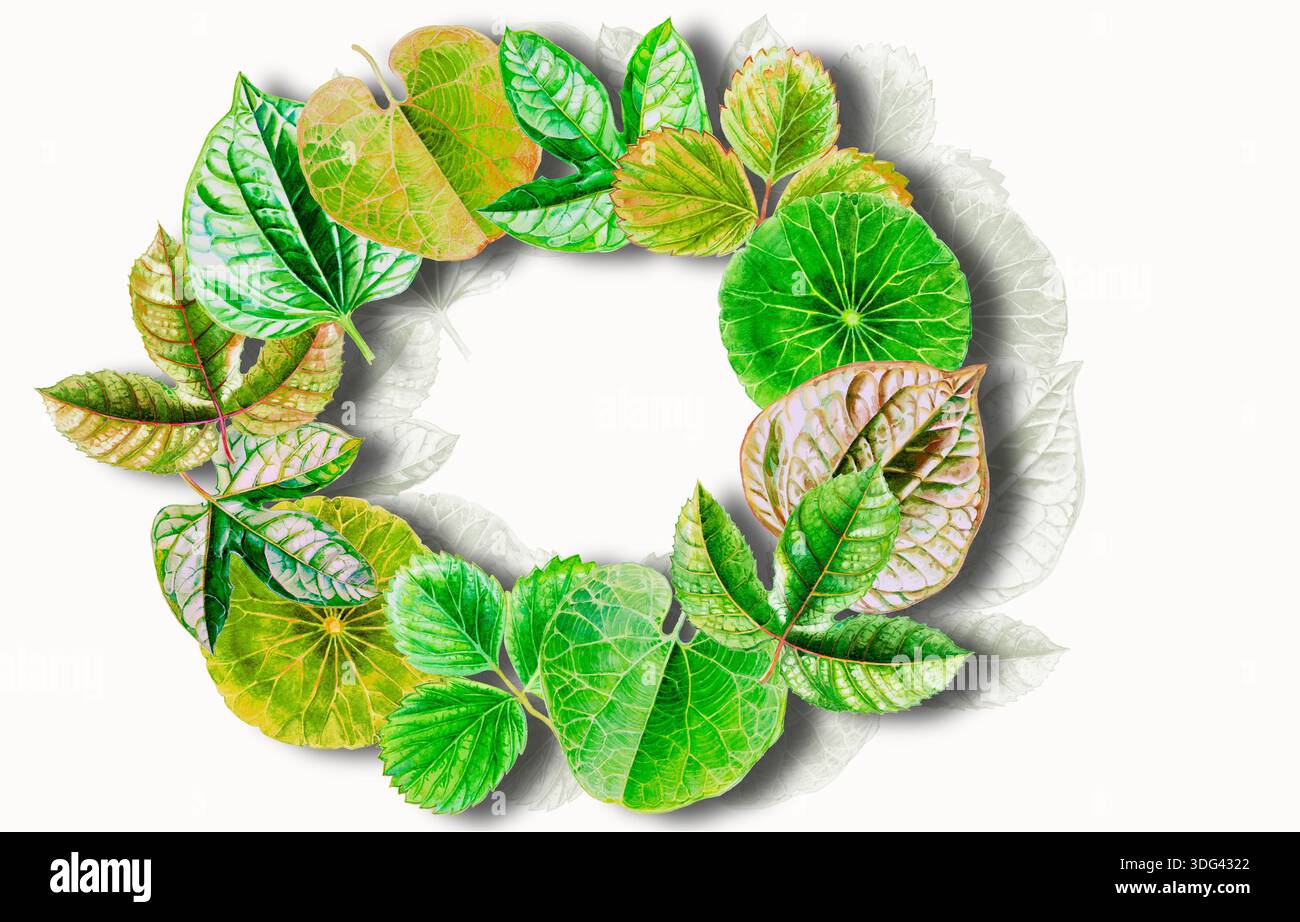 Pittura di sfondo astratto acquerello foglie tropicali illustrazione su carta verde, rosso, giallo di foglia di frutta vegetale e bellissimo luminoso su g. Foto Stock