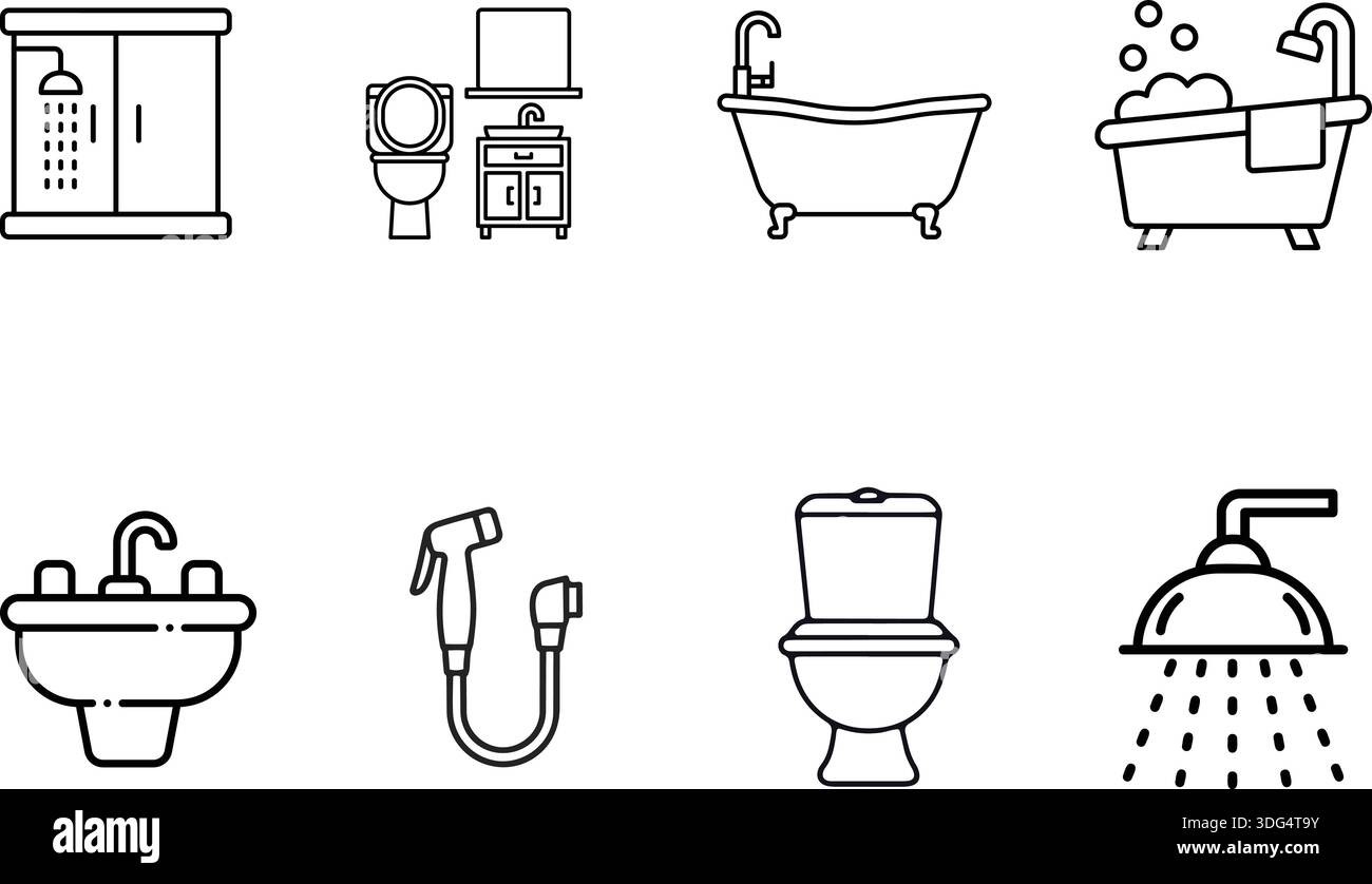 Una collezione di icone d'arte dalle linee pulite che rappresentano le attrezzature essenziali del bagno, tra cui docce, lavandini, WC e vasche da bagno. Illustrazione Vettoriale