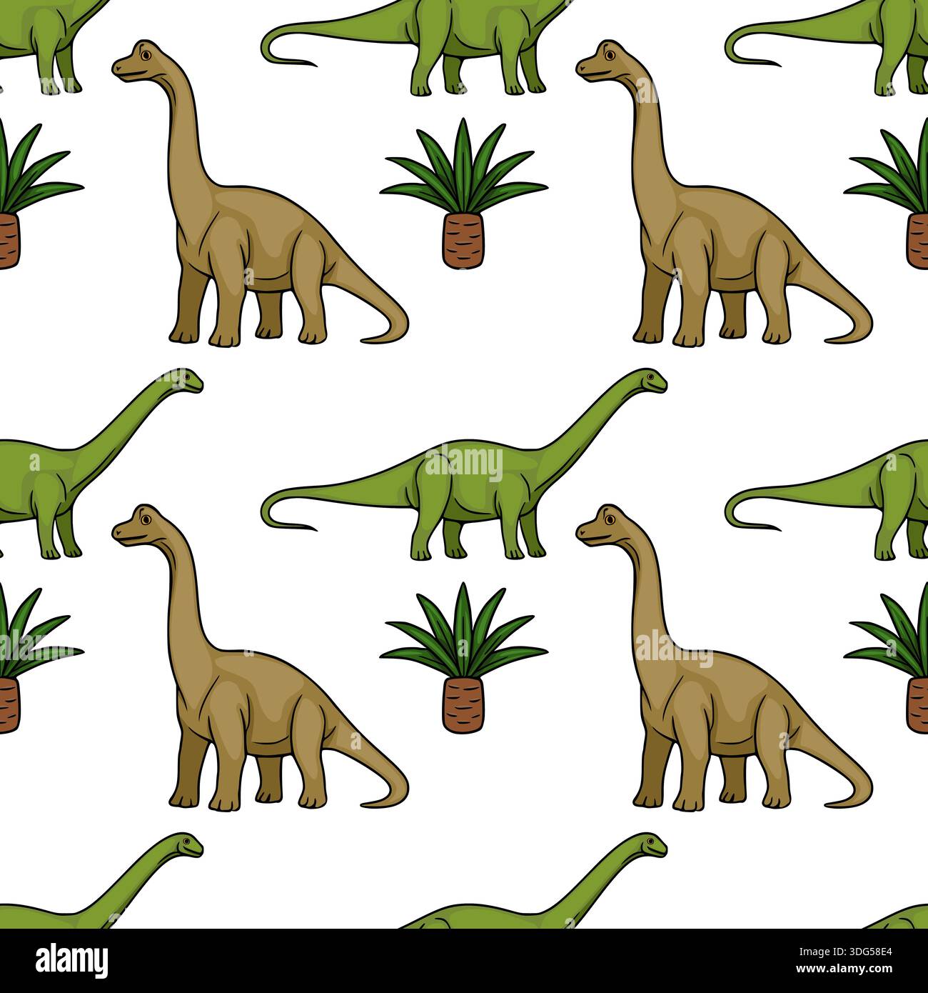 Adorabile modello vettoriale con simpatici dinosauri cartoni animati e piante preistoriche Illustrazione Vettoriale