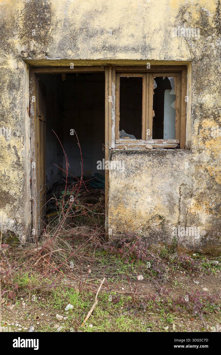 Dettaglio dell'ingresso di una casa in rovina, che mostra la lenta e silenziosa invasione della natura in spazi creati dall'uomo. Foto Stock