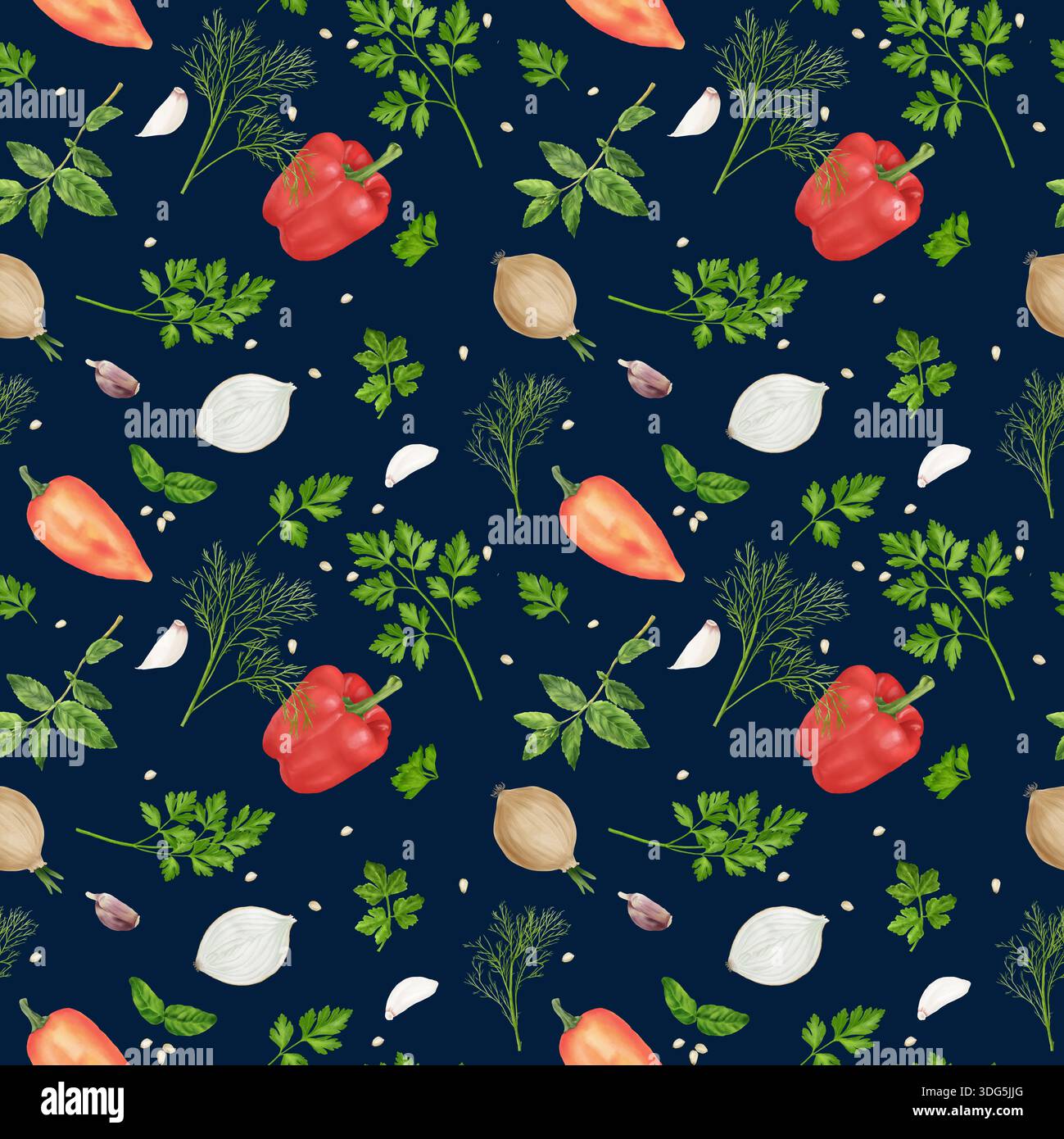 Verdure ed erbe aromatiche da cucina senza cuciture. Illustrazione acquerello. Peperoni e cipolle, prezzemolo e aneto isolati su sfondo blu. Per Foto Stock