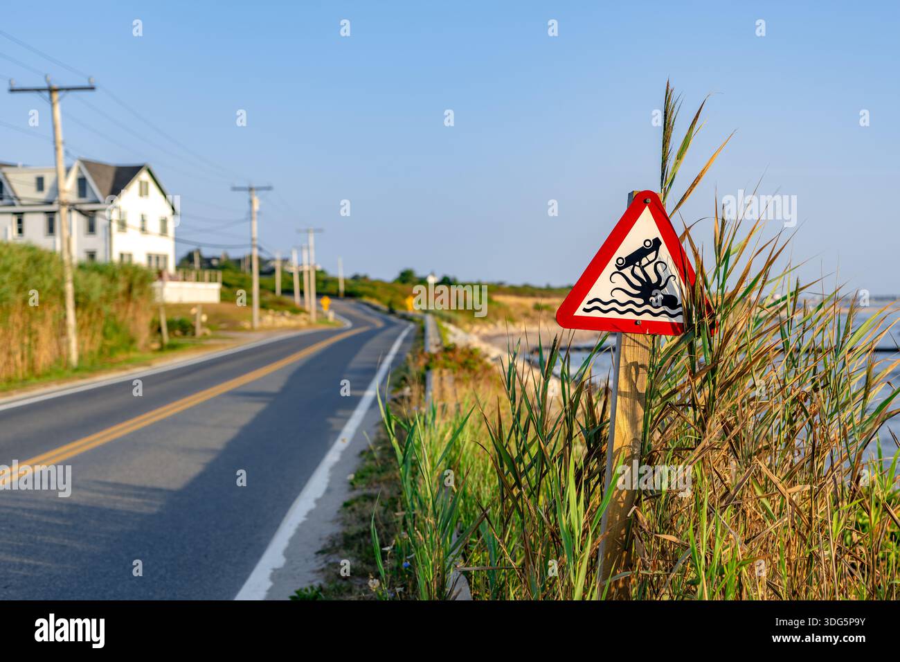 Cartello segnaletico lungo una strada con un polpo che regge un'auto sull'acqua. Foto Stock