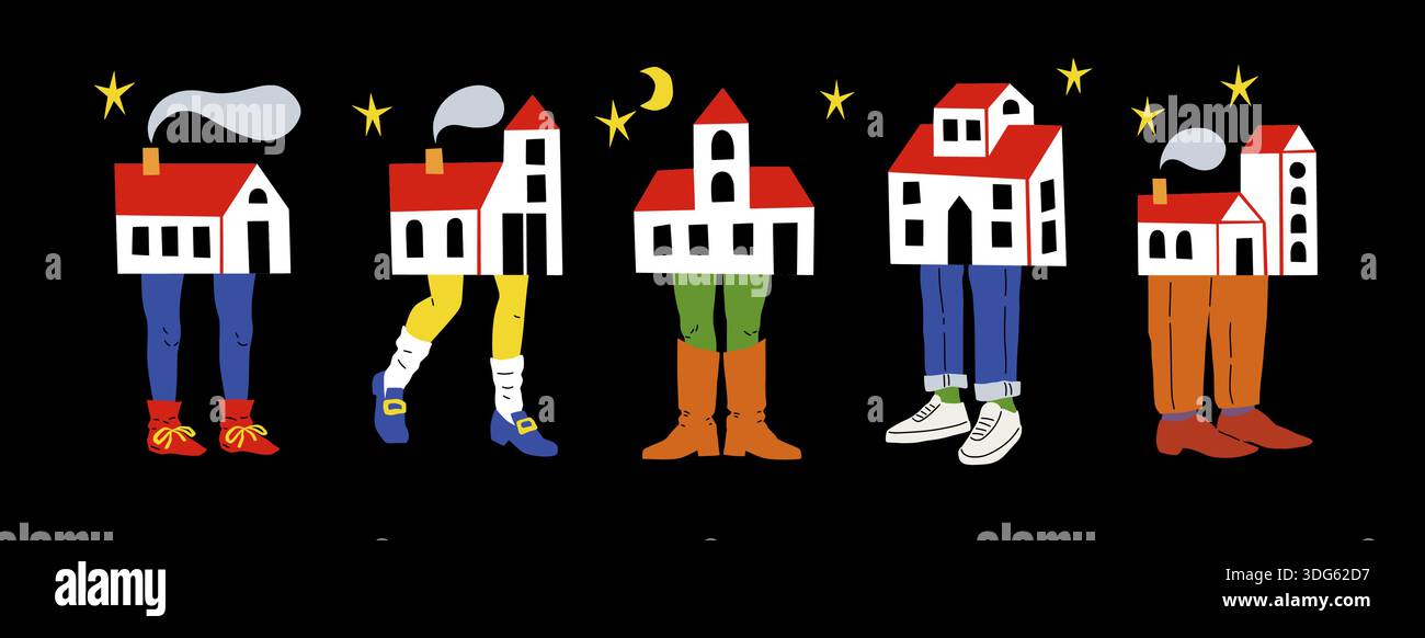 Casa piccola. Edificio residenziale alla moda sulle gambe. Tetto in mattoni e finestre per la città del villaggio. Vecchia costruzione astratta nei pantaloni. Architettura surreale. Case dei cartoni animati con i piedi. Set di icone dei cartoni animati vettoriali Illustrazione Vettoriale