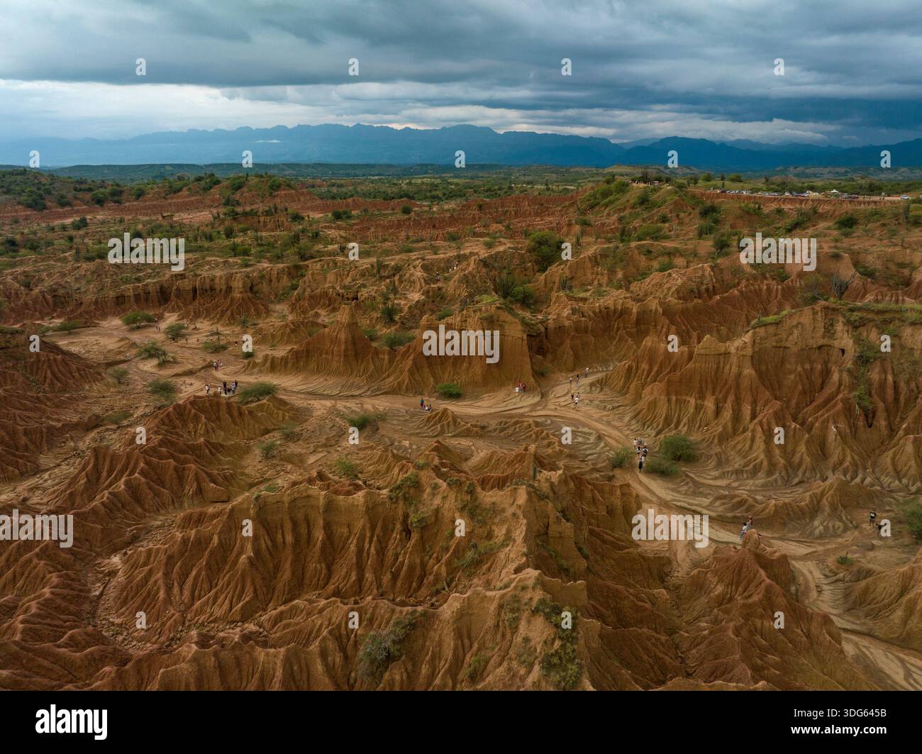 Vista aerea di aspri terreni desertici con profonde formazioni rocciose arancioni sotto cieli nuvolosi. Deserto di Tatacoa, Desierto de la Tatacoa, Colombia Foto Stock