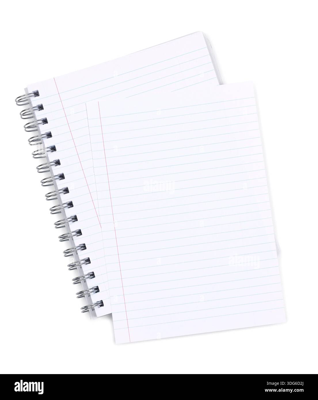 Chiudere la vista superiore del notebook aperto rilegato a spirale con pagine bianche. Spazio vuoto per la copia. Foto vera. Isolato su sfondo bianco. Foto Stock