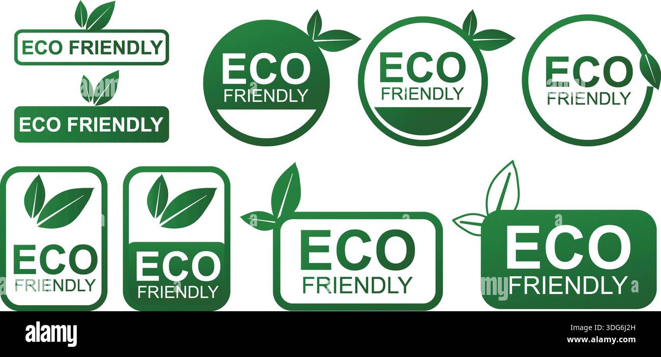 Etichette e badge ecologici con simboli a foglia per prodotti sostenibili Illustrazione Vettoriale