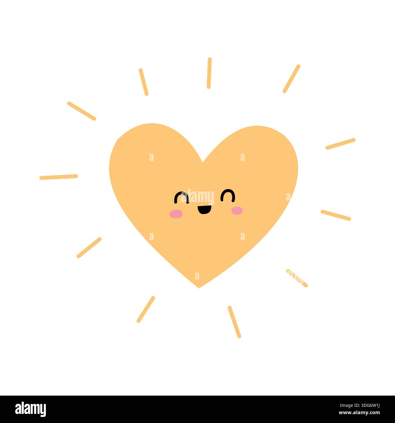 Carino cuore giallo con faccia sorridente e raggi solari in stile Kawaii Illustrazione Vettoriale