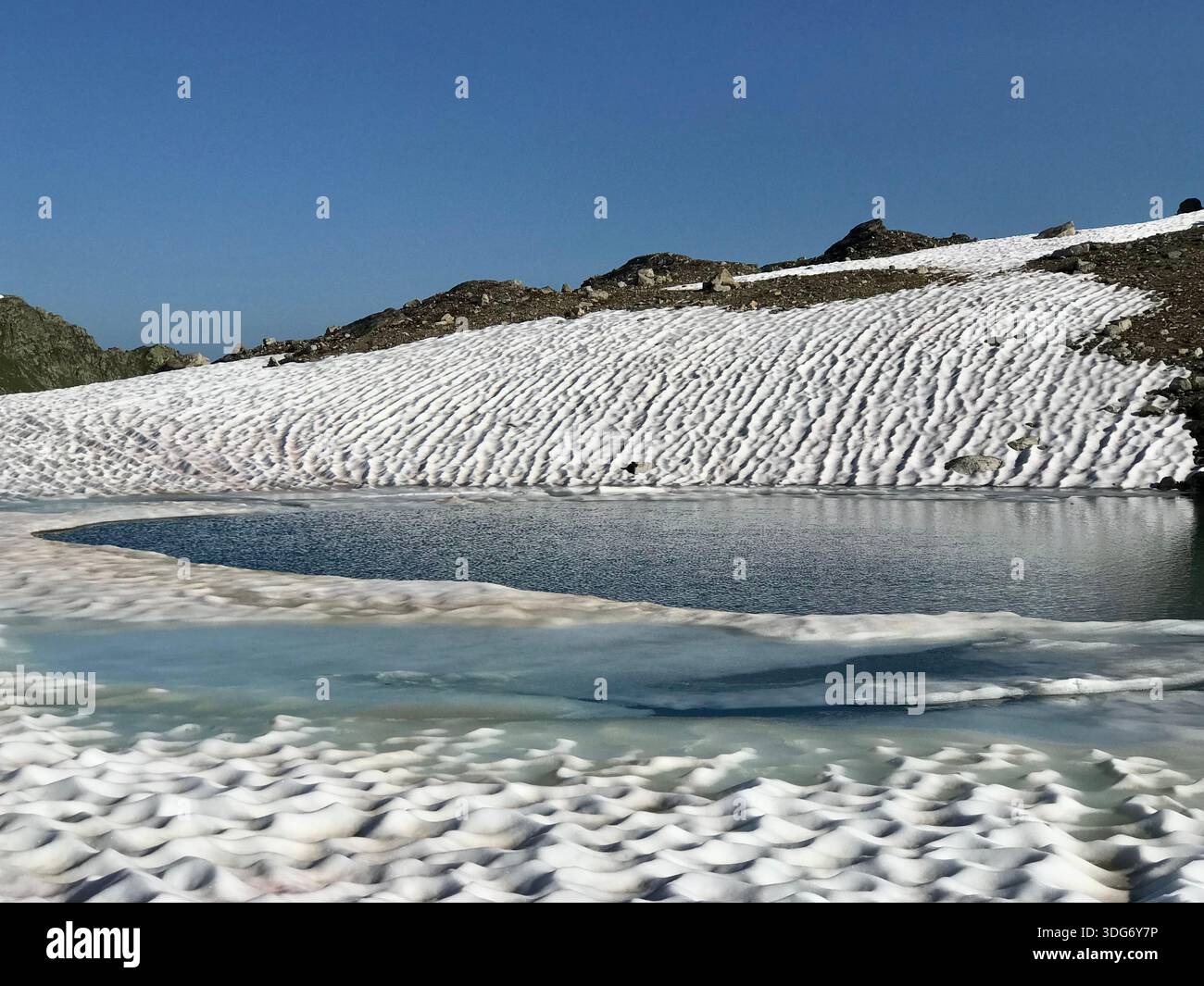 Lago alpino blu ghiaccio sul passo Flüela vicino al Joriseen nelle Alpi svizzere, circondato da un terreno innevato e da dettagli di costa ghiacciata. Foto Stock