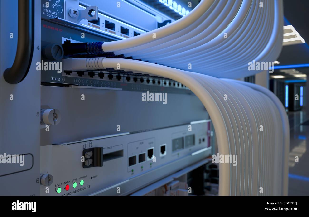 Infrastruttura di rete della sala server, data center, rack server, cavi di rete Foto Stock