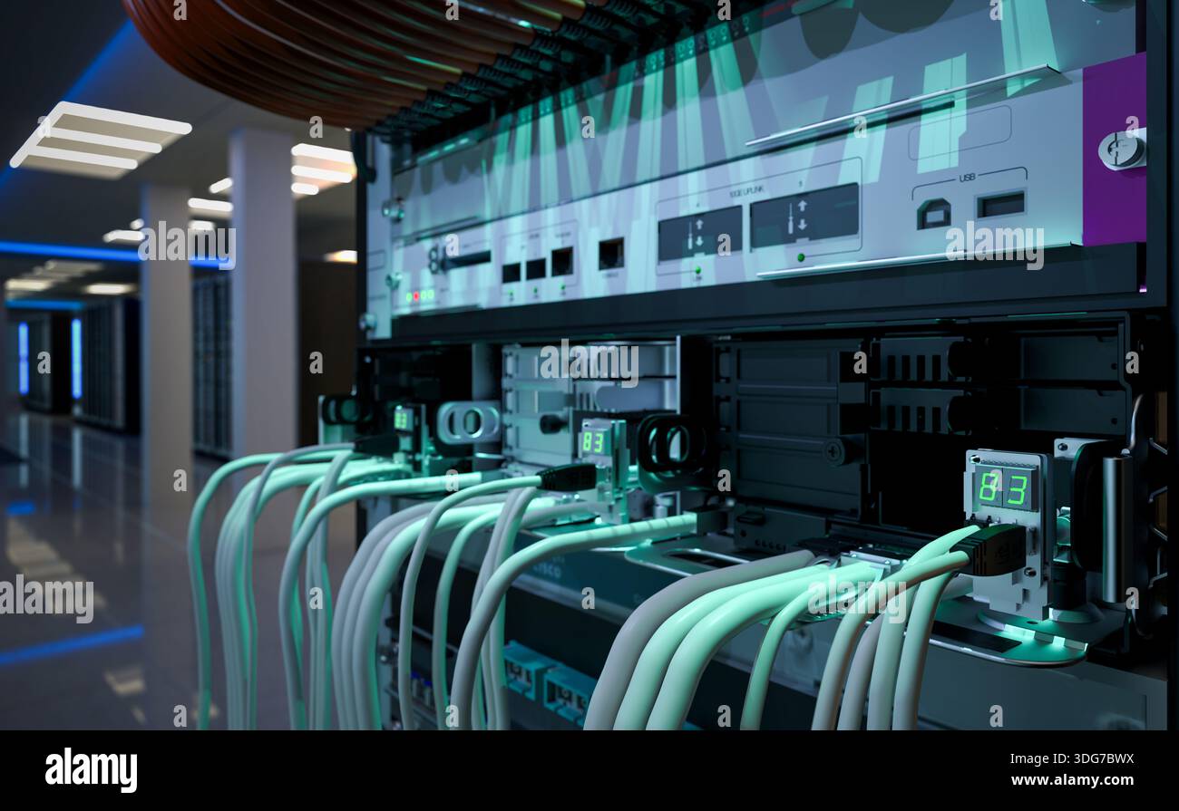 Infrastruttura di rete della sala server, data center, rack server, cavi di rete Foto Stock