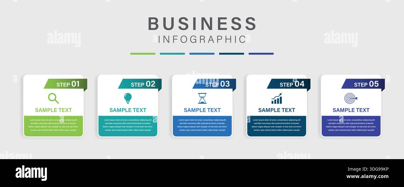 5 etichette infografiche di processo con il modello di design delle icone. Pianificazione, marketing, strategia e presentazione aziendale. Illustrazione vettoriale. Illustrazione Vettoriale
