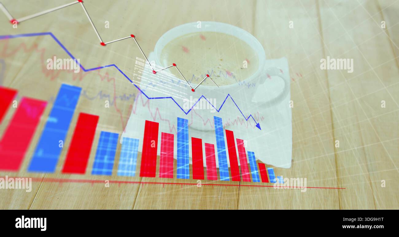 Visualizzazione della tazza in ceramica bianca su piattino su un piano in legno, con barre 3D rosso-blu, linea, sovrapposizione griglia Foto Stock