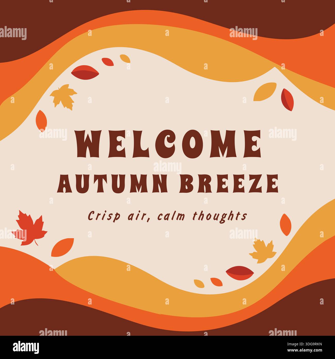 Caldo striscione stagionale con fasce arancioni e oro ondulate, foglie sparse e la frase Welcome Autumn Breeze in amichevole scritta. Illustrazione Vettoriale