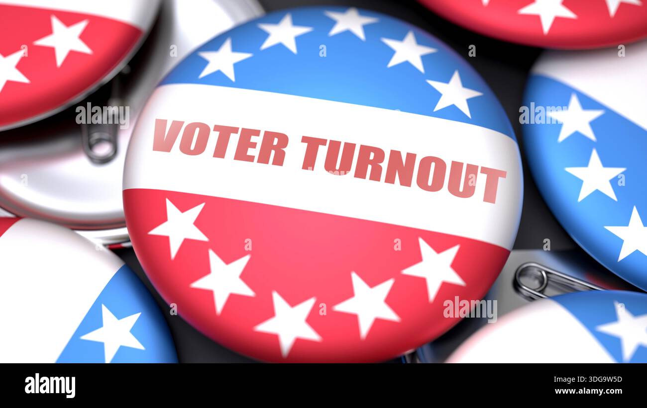 Affluenza alle urne negli Stati Uniti. Pulsante di voto con una frase: Affluenza alle urne. Una visione simbolica dell'importanza elettorale in America Foto Stock