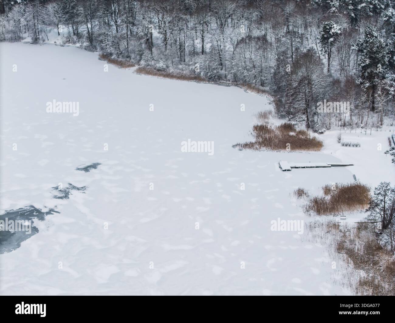 Vista aerea di un tranquillo lago Galve coperto di neve con il bordo scuro e strutturato della foresta che contrasta con l'ampio bianco di Trakai, Lituania. Foto Stock