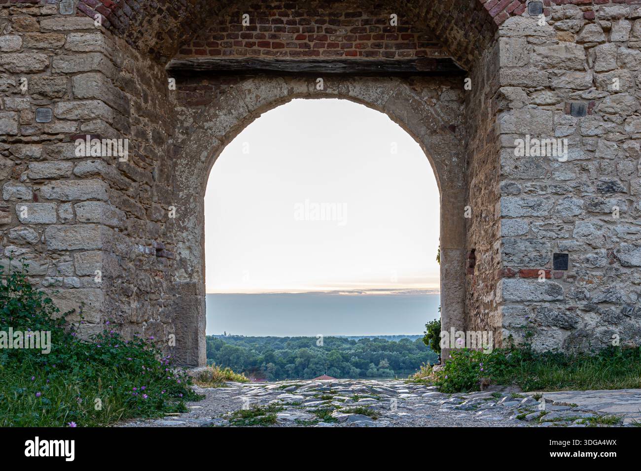 Porta ad arco in pietra della Fortezza di Belgrado in spesse mura di difesa che si affacciano sul fitto paesaggio forestale di Belgrado, Serbia. Foto Stock