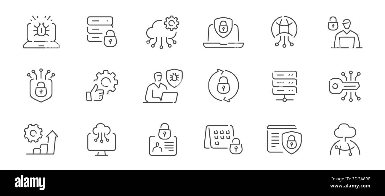 Set di icone per la tecnologia dell'informazione. Sicurezza informatica, connessione sicura, privacy, crittografato, firewall, protezione online Illustrazione Vettoriale