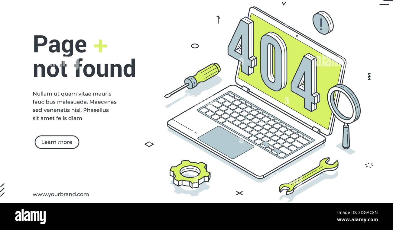 Banner Web isometrico per la pagina di errore 404 non trovato. Modello di illustrazione vettoriale con laptop e strumenti di riparazione. Pagina di destinazione moderna per il sito Web in co Illustrazione Vettoriale