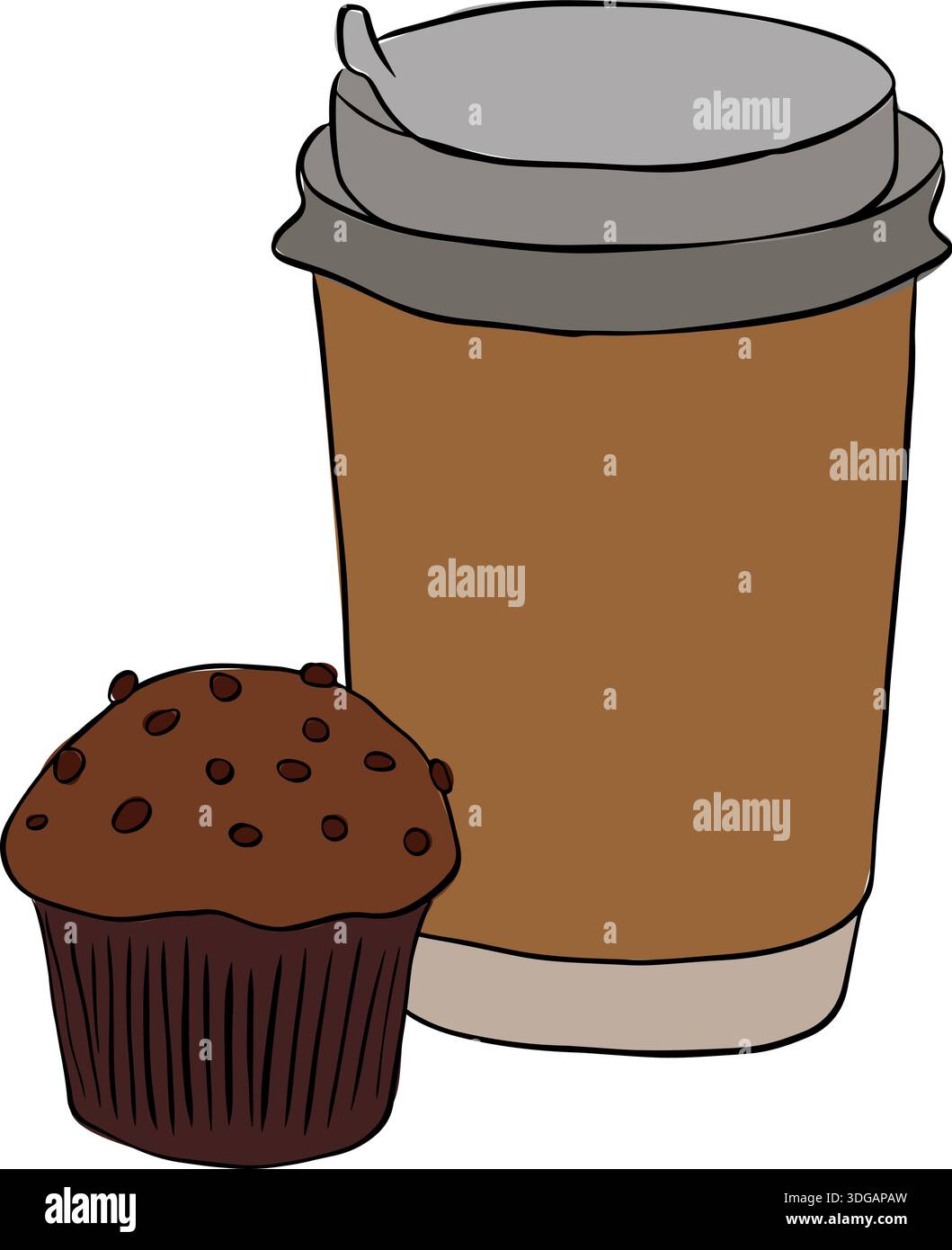 illustrazione della composizione di muffin di caffè e biscotti, illustrazione disegnata a mano. Grafica vettoriale con inchiostro a linee colorate, design per grafica di moda, testo Illustrazione Vettoriale