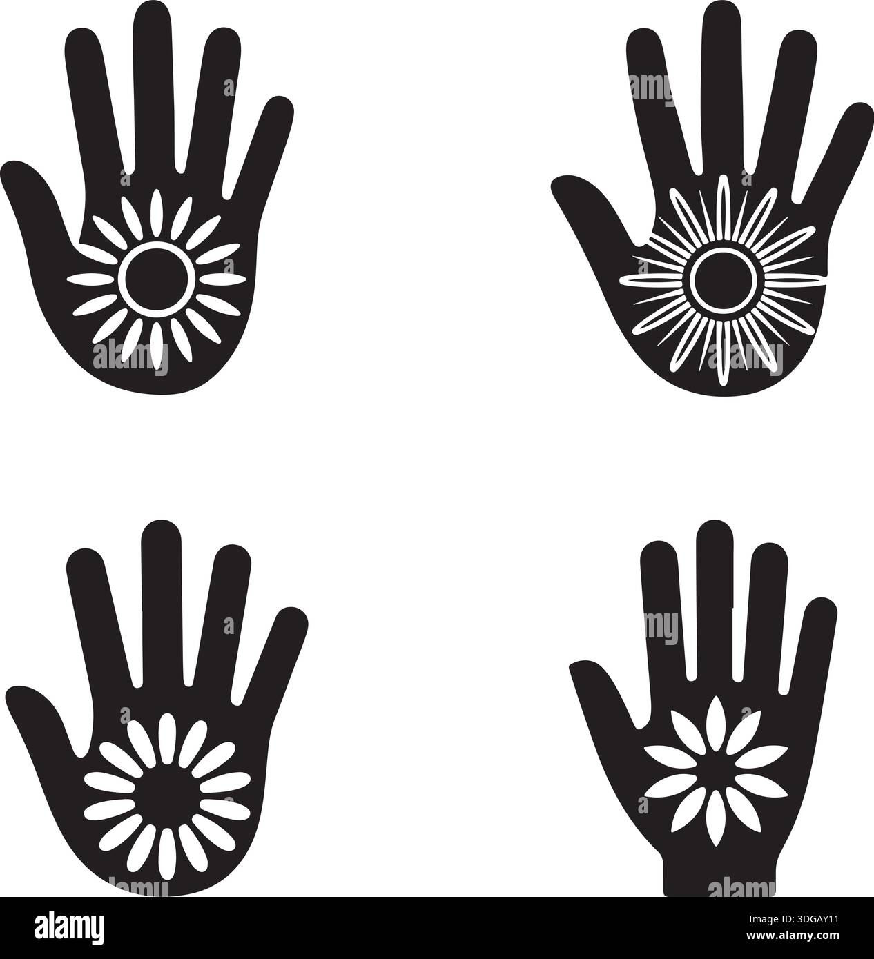 Mano umana con sagoma del palmo Fiore del sole e set di icone vettoriali per layout di progettazione Illustrazione Vettoriale
