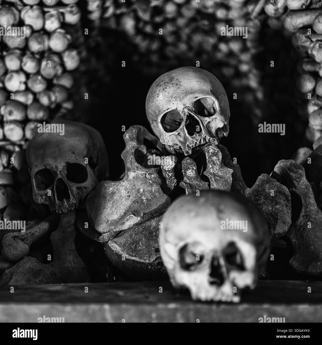 Teschi e ossa umani disposti all'interno dell'ossario di Sedlec a Kutna Hora, Repubblica Ceca. Storica cappella ossea che simboleggia la morte, la mortalità, la religione A. Foto Stock
