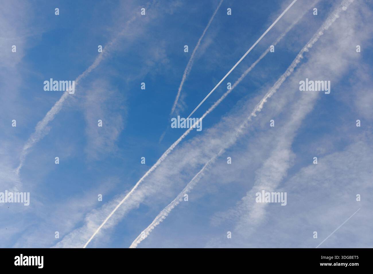 Le contrapposizioni nel cielo blu alimentano dibattiti sulle tracce chimiche e disinformazione sui social media che plasmano l'opinione pubblica e le percezioni. Foto Stock