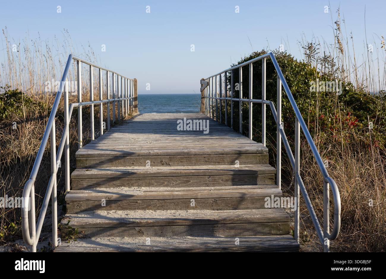 Scale in legno che conducono ad una spiaggia sabbiosa e all'oceano sotto un cielo azzurro, offrono accesso costiero e un viaggio panoramico, Myrtle Beach, South Carolina Foto Stock