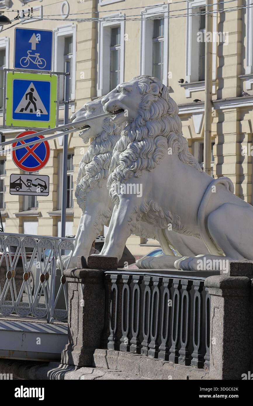 Due statue di leoni bianchi di profilo che decorano il Ponte del Leone e i cartelli stradali e i cartelli stradali adiacenti (San Pietroburgo, Russia) Foto Stock