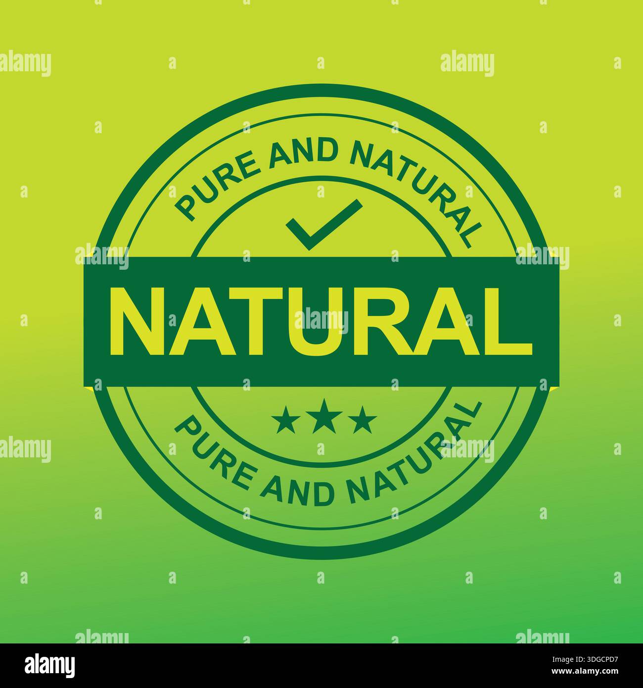 Etichetta del prodotto naturale con testo puro e naturale e segno di spunta Illustrazione Vettoriale