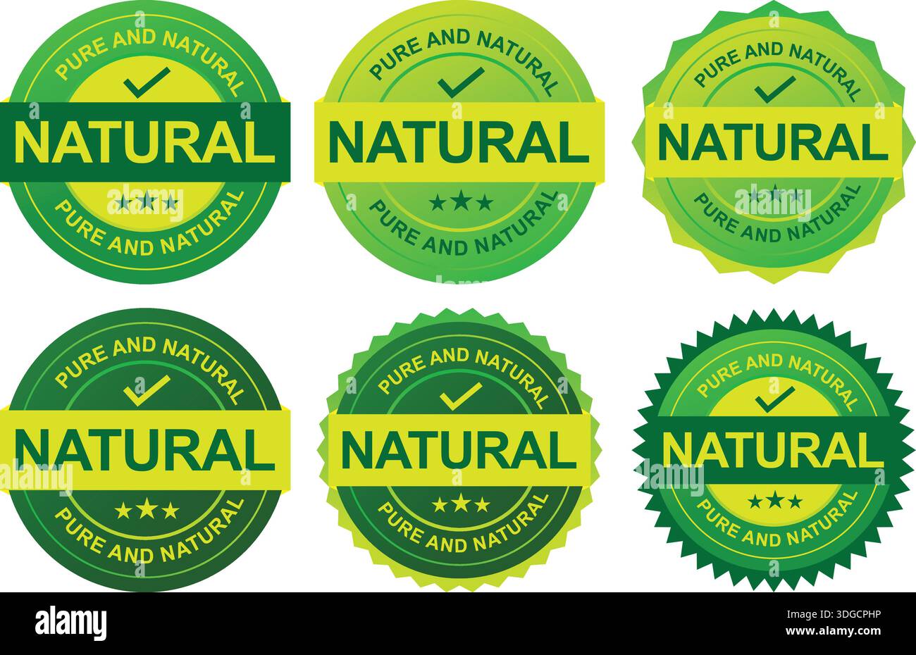 Distintivi di prodotti naturali con segno di spunta e testo puro e naturale Illustrazione Vettoriale