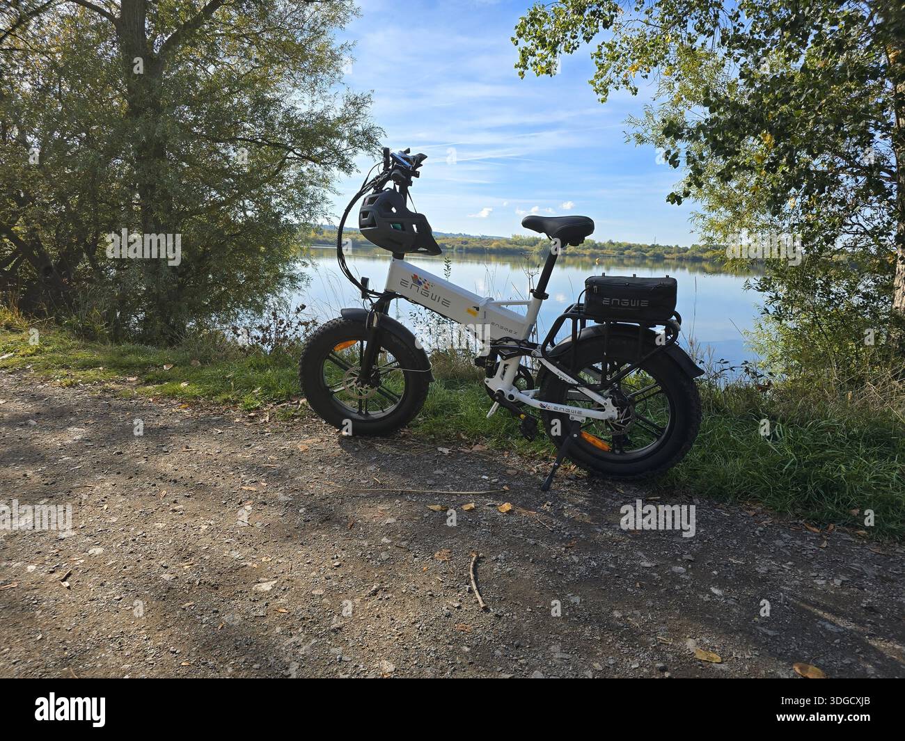 Bicicletta elettrica FAT Tire con vista sul lago Foto Stock
