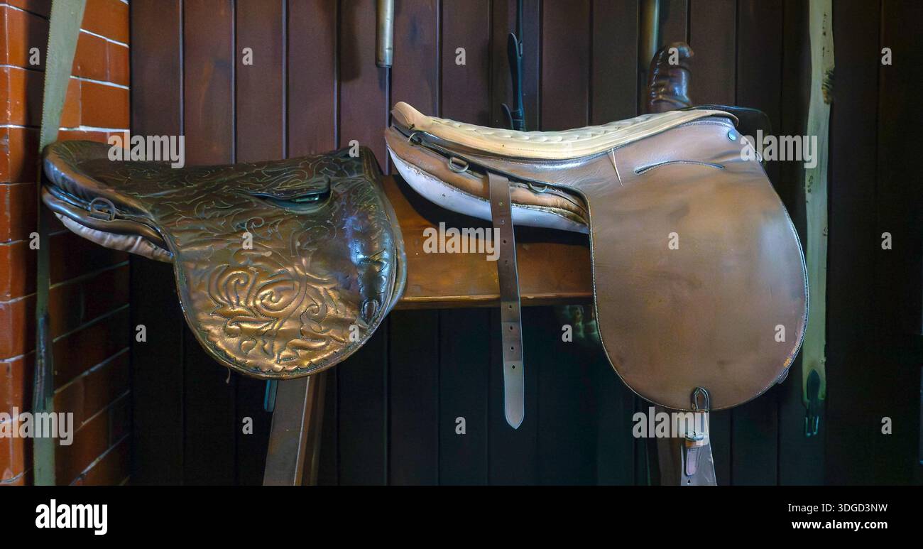 Selle d'epoca come mostra di attrezzature equestri storiche Foto Stock