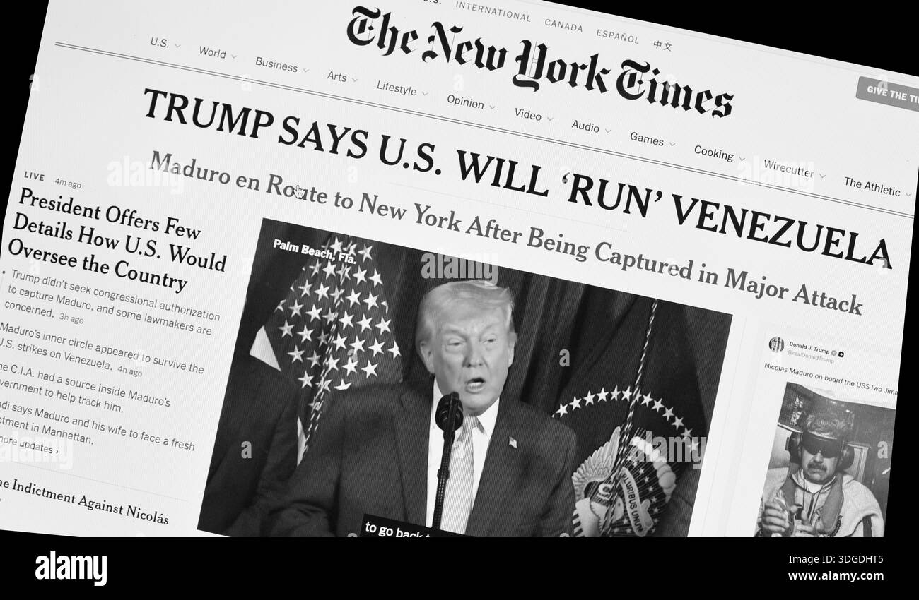 Uno screenshot al computer della prima pagina del New York Times del 3 gennaio 2026, con rapporti sulla cattura di Maduro da parte del presidente degli Stati Uniti Trump in Venezuela. Foto Stock