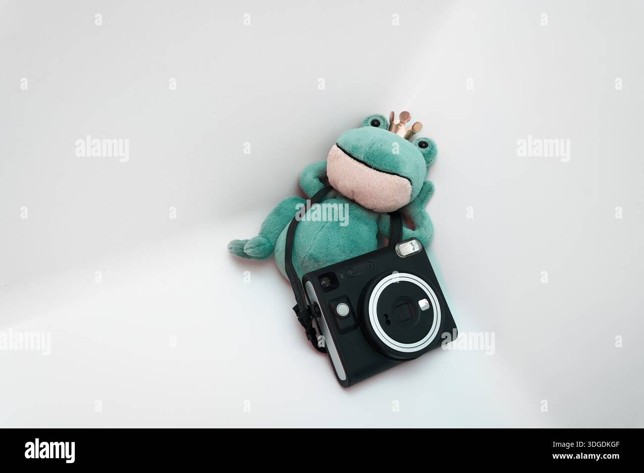 Simpatica rana peluche che indossa una corona, rilassante con una fotocamera istantanea su sfondo bianco, concetto creativo minimale per la fotografia e design divertente. Foto Stock