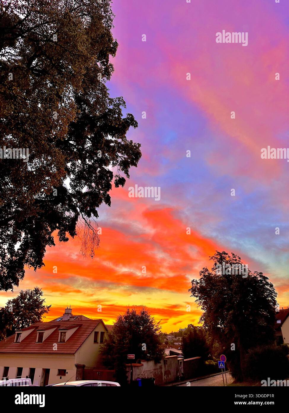 Alba su edifici e alberi della città, luce mattutina nel paesaggio urbano, atmosfera tranquilla, nessuna gente. - Immagine stock catturata con smartphone
