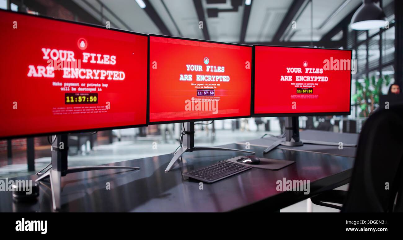 Uomo d'affari combatte Cyberattack: Dati crittografati, sistema hackerato, virus informatici Foto Stock