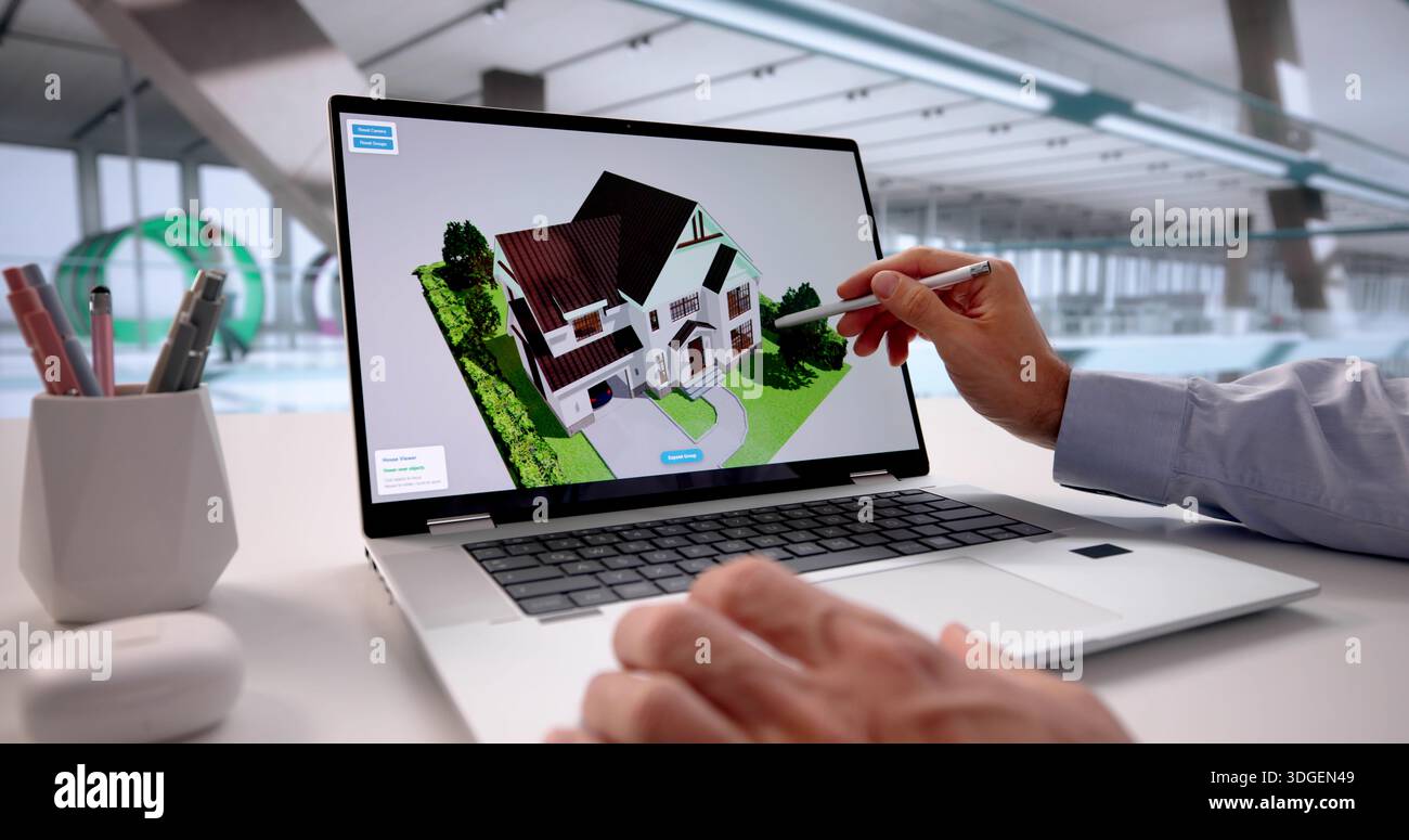 Uomo caucasico di mezza età che utilizza il software CAD per la progettazione di interni per il rimodellamento. Foto Stock