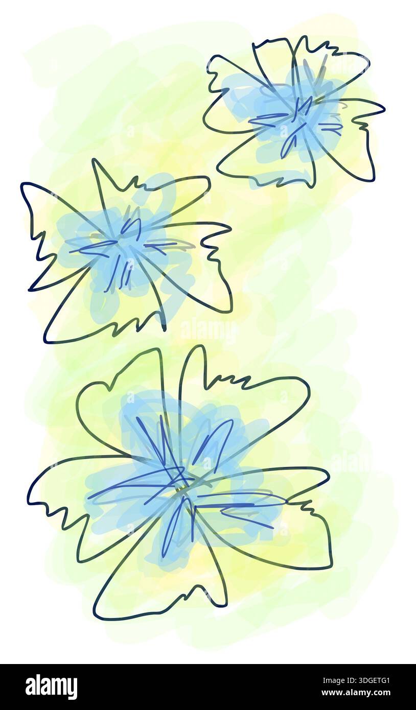 Semplice schizzo di tre fiori blu su sfondo giallo pastello e verde Foto Stock