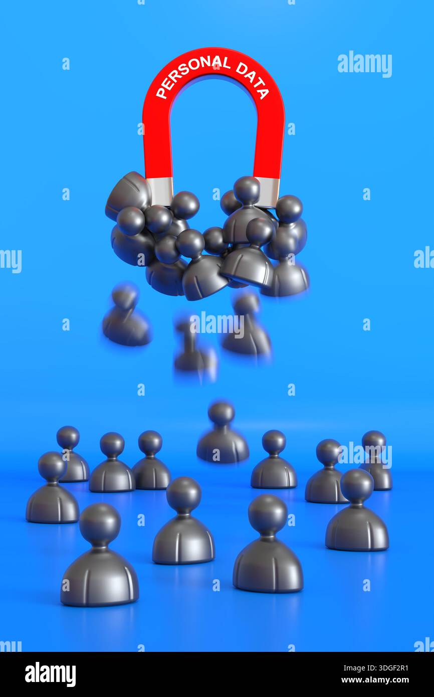 Concetto di furto di dati personali - risucchio del magnete nelle figure - rendering 3D. Foto Stock
