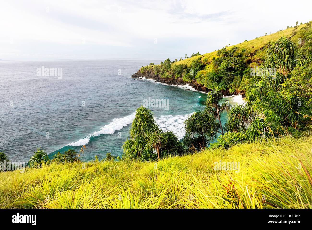 Spettacolare isola tropicale di Tagulandang a nord di Sulawesi in Indonesia, colline erbose con spiagge di sabbia bianca e vegetazione tropicale Foto Stock