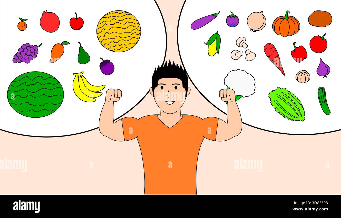 Un uomo conduce uno stile di vita sano. L'immagine riguarda l'importanza di mangiare sano e incorporare frutta e verdura nella propria dieta. Quello dell'uomo Illustrazione Vettoriale