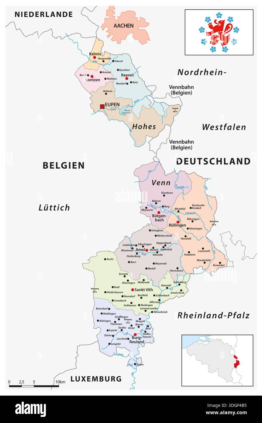 Mappa dei comuni di lingua tedesca in Belgio Foto Stock