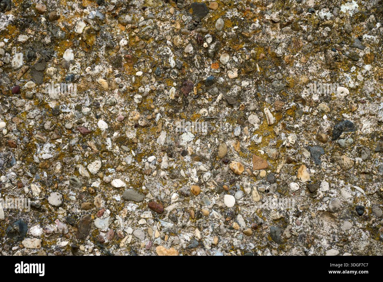 Consistenza di piccoli ciottoli marroni e grigi incorporati nel calcestruzzo. Superficie in pietra aggregata ruvida per la progettazione di fondo architettonico o di costruzioni Foto Stock