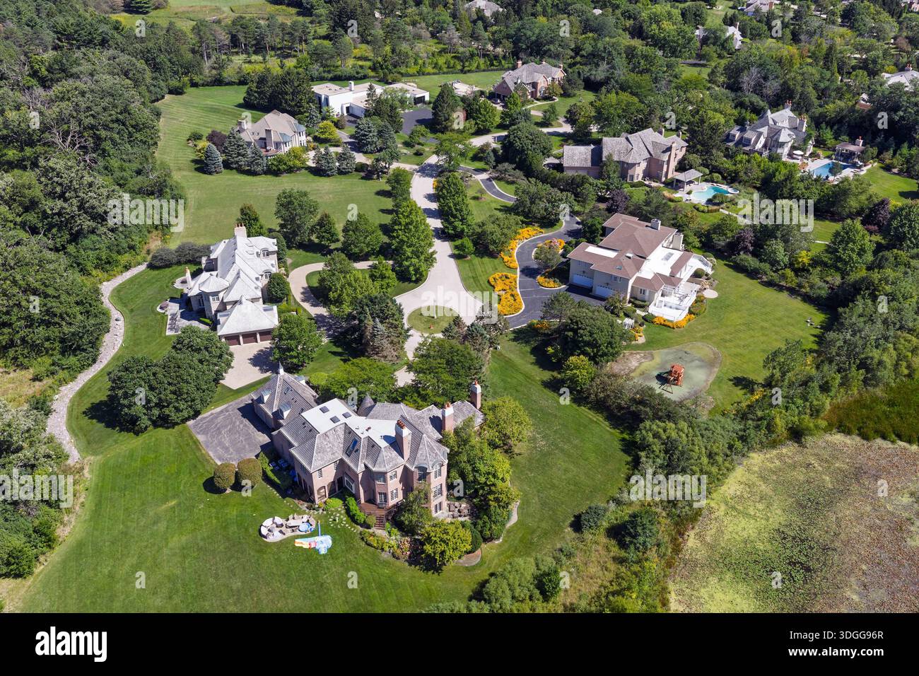 Vista aerea di un quartiere di lusso con alberi maturi e grandi lotti in Chicago zona suburbana in estate. Foto Stock