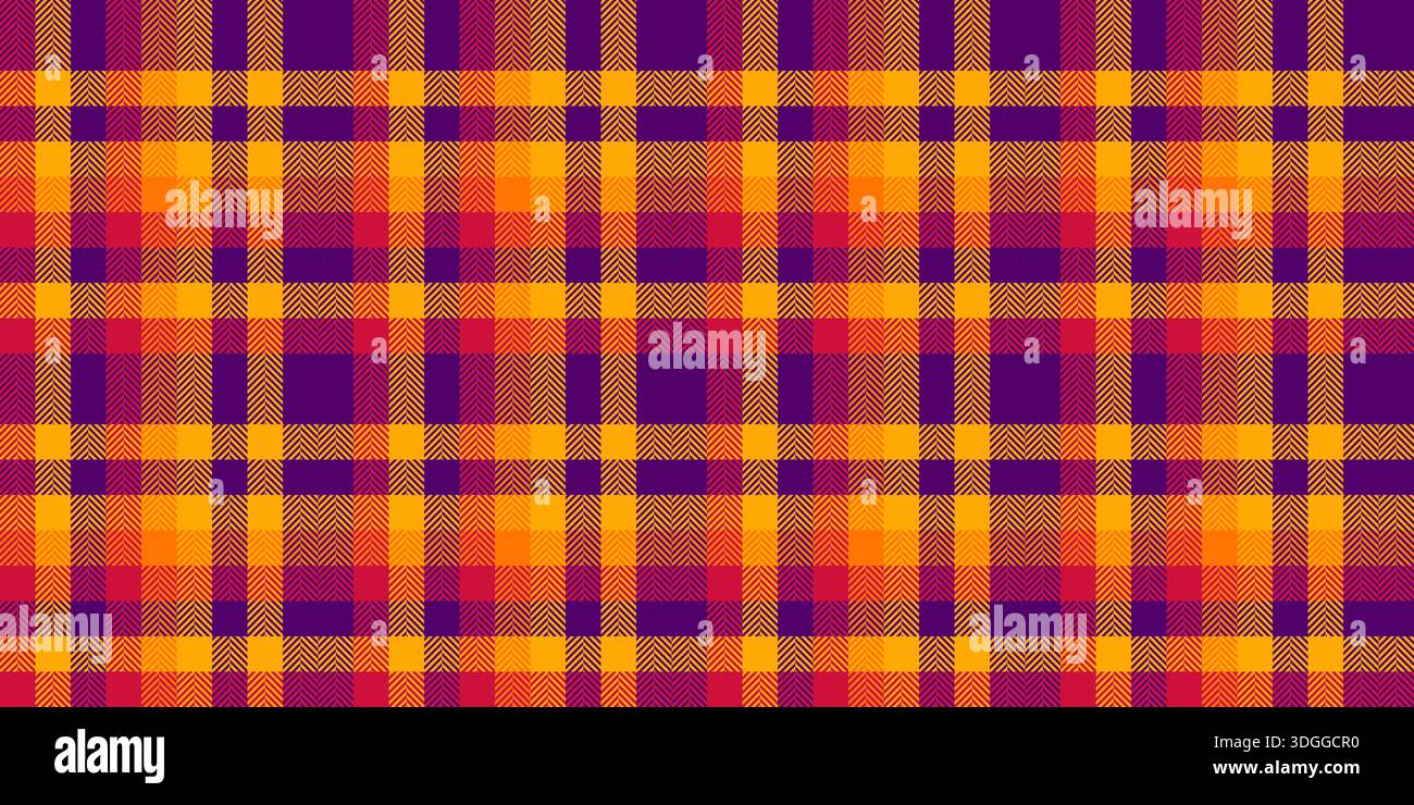 Tessuto geometrico con motivo a quadri, tessuto diagonale a quadri senza cuciture. Sfondo con motivo vettoriale texture retail nella tavolozza dei colori viola e arancione. Illustrazione Vettoriale