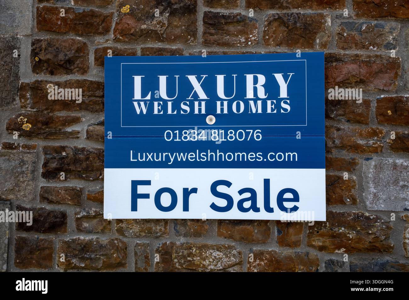Proprietà in vendita cartello 'Luxury Welsh Homes' in Laugharne, Carmarthenshire, Galles occidentale, Regno Unito Foto Stock