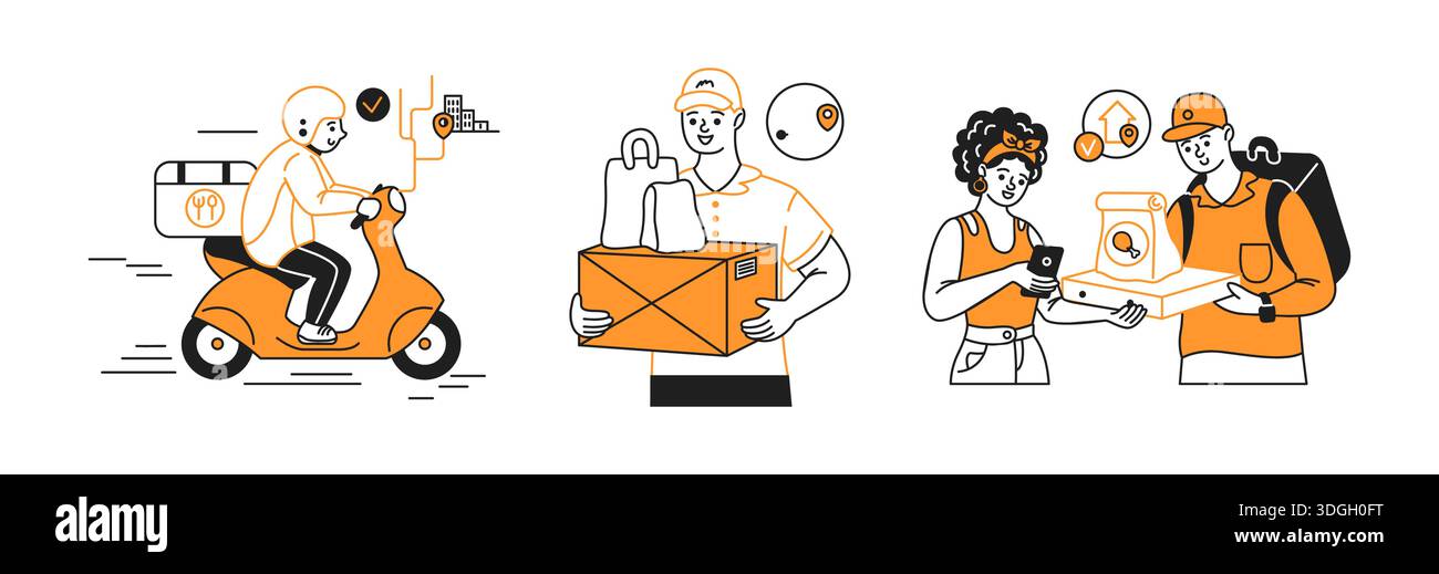 Illustrazione giocosa dei servizi di consegna con corrieri su scooter e clienti che ricevono pacchi. Lo schema colore nero e arancione dona uno stile moderno Illustrazione Vettoriale
